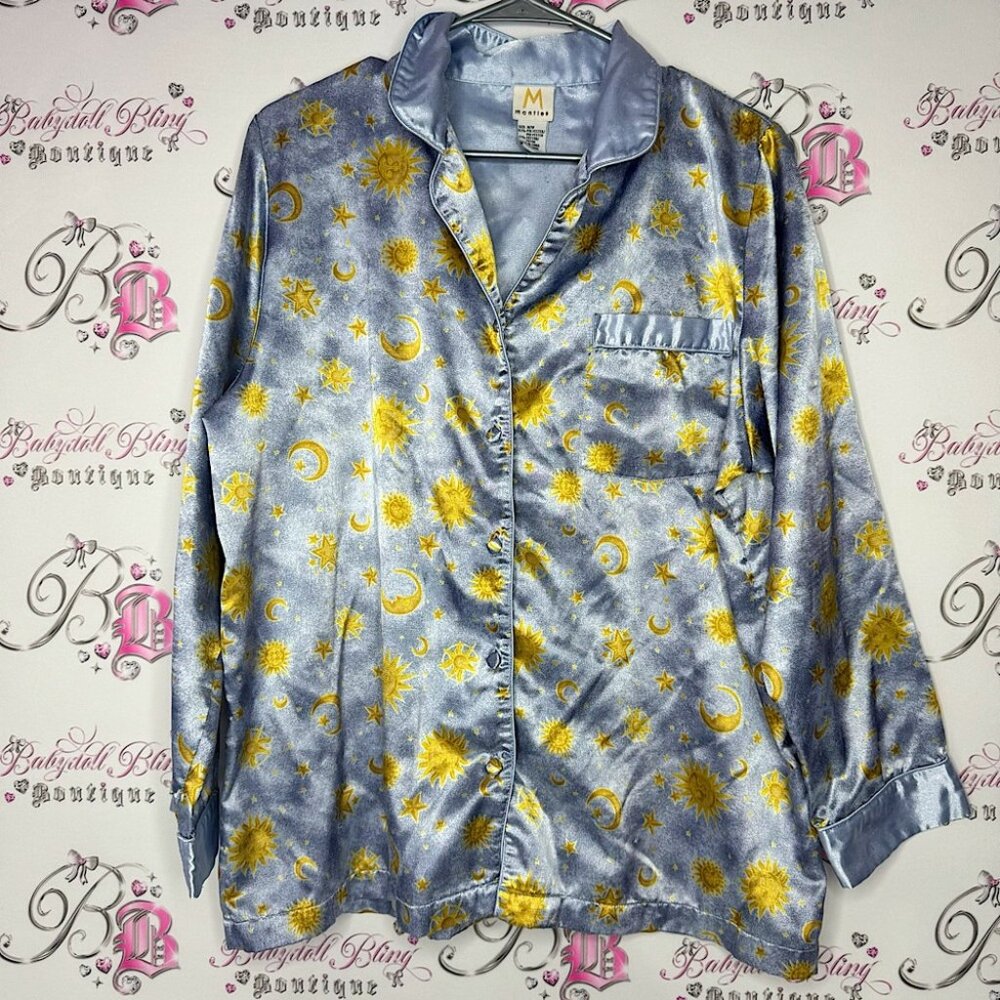 Mantles long sleeve silky satiny button up blue sun stars moon astrology sky 🌌